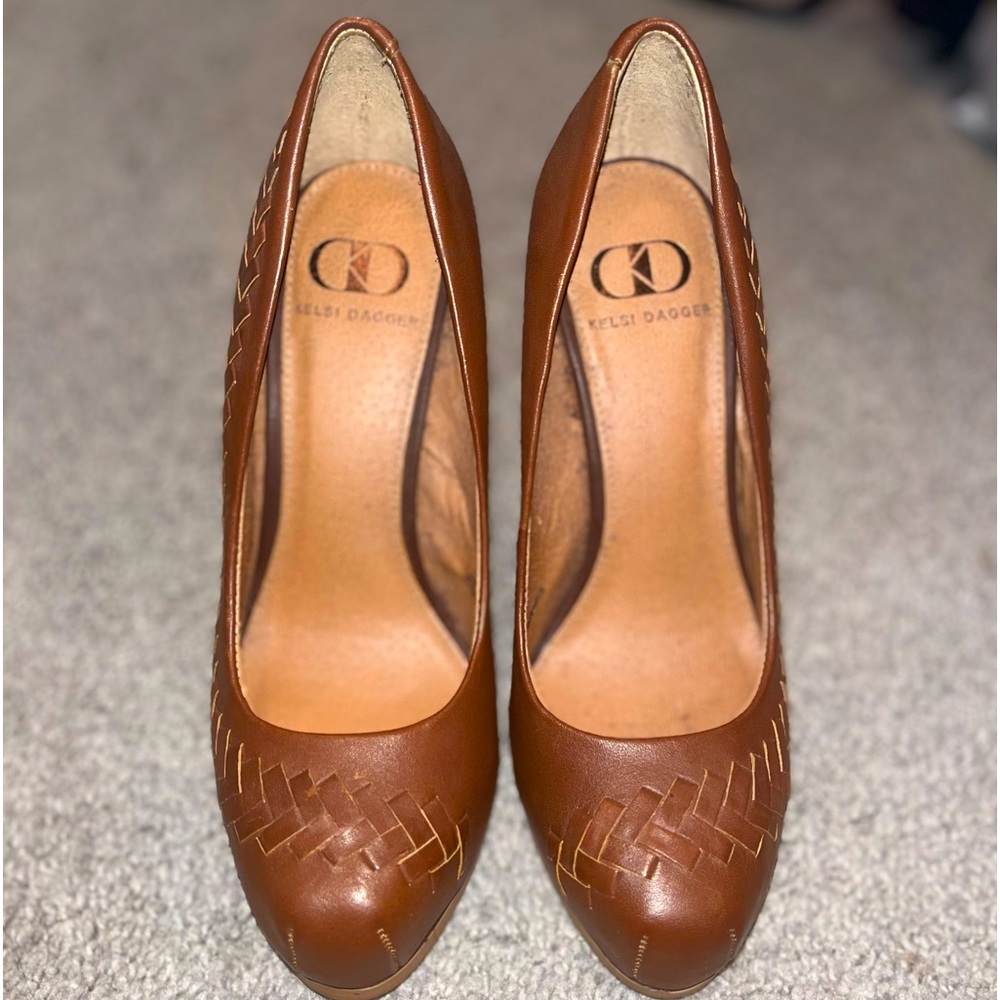 Kelsi Dagger Women’s “Lola” Cognac Leather Weave Platform Heel Size 6